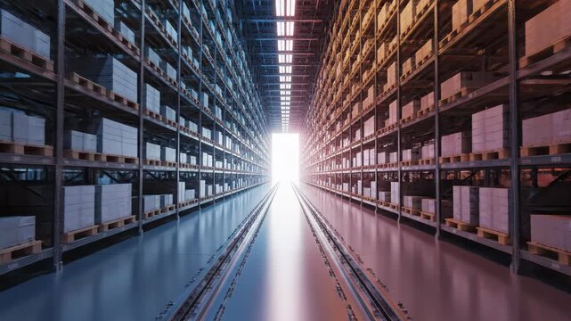 Large distribution center with rows of shelving and boxes