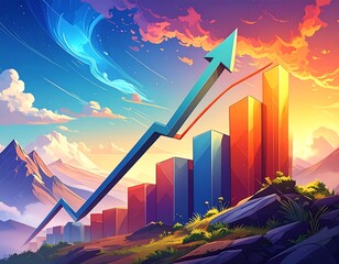 Illustration of a rising graph, bars, and arrow, over a mountainscape