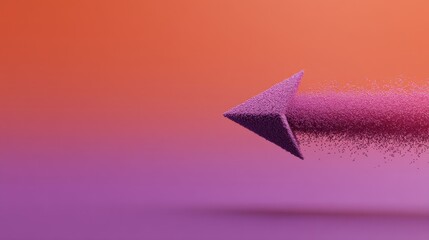 Abstract arrow made of vibrant purple particles moving toward the right against a gradient background of orange and purple in a minimalist style
