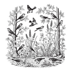 Forest Garden Birds Vintage Engraving Set