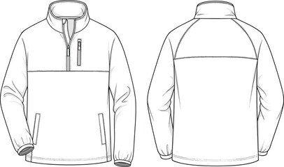 Half zip pullover jacket front back view cad drawing flat vector illustration fashion technical outerwear apparel design © MstRokshana