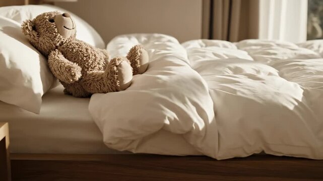 Smooth cinematic slider shot gliding slowly across the width of an empty modern bed with a small light brown plush toy resting near the footboard sweet dreams, soft focus, hotel room