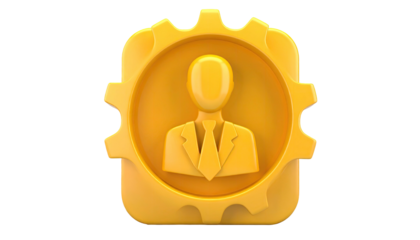 Gold gear with a person inside; on black. Management or settings concept