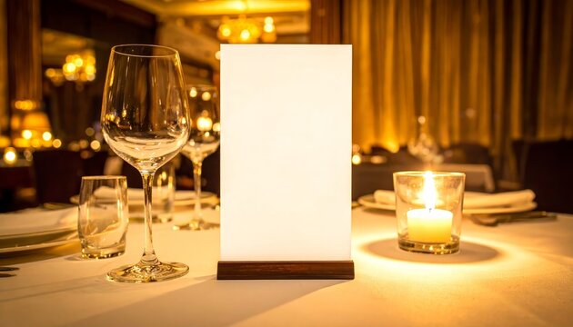 A luxurious dinner table setting with an empty vertical white menu card in the center