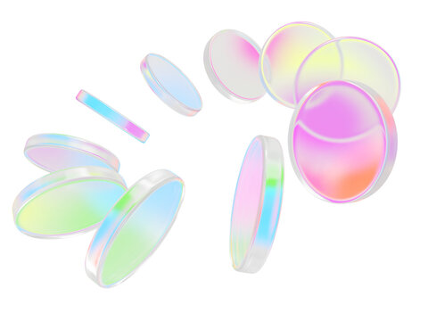 Abstract 3d background, glass circle disks with iridescent holographic gradient. Pearlescent rainbow crystal round plates blue, green, pink, yellow colors with circular motion effect