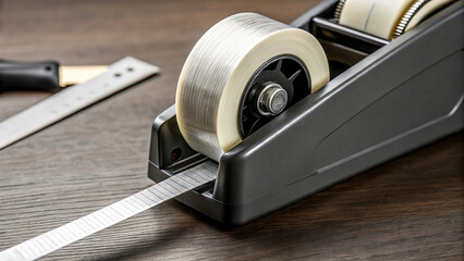 Heavy duty packaging tape dispenser with reinforced strapping tape on wooden surface