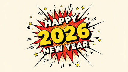 comic book explosion, Happy New Year 2026 Comic Style Greeting, Holiday/New Year Celebration Design