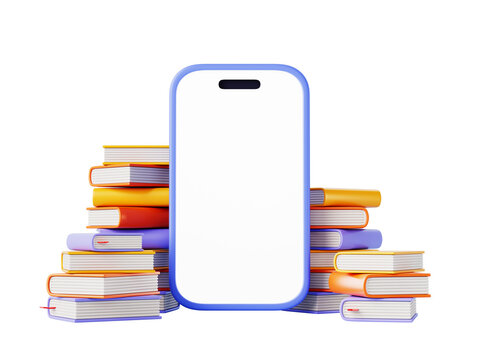 Online library concept. Mobile phone mockup with blank white screen and stacks of colorful books on blue 3d background. Electronic reading, digital learning, app for language school