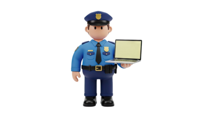 3D Cartoon policeman holding a laptop on transparent background