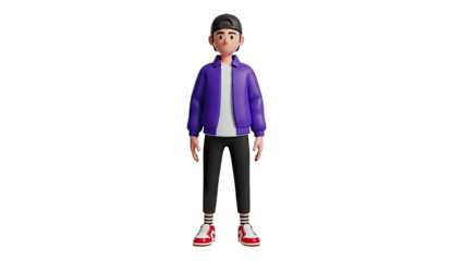 3D character wearing a purple jacket and a black cap on transparent background
