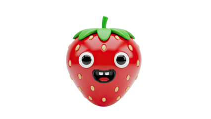 3D Cute Cartoon Strawberry Character with Happy Face on transparent background