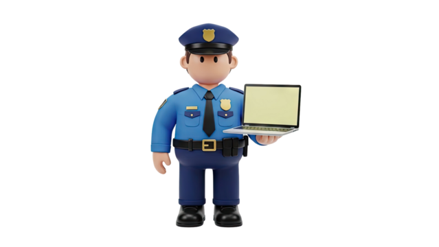 3D Cartoon policeman holding a laptop on transparent background - Powered by Adobe