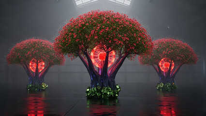 futuristic glowing red trees showcasing advanced bio-digital technology in a sleek minimalist gallery for environmental innovation concepts