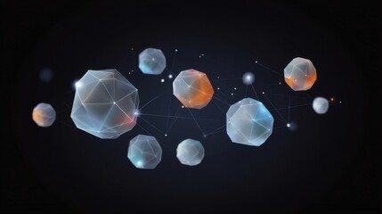 Abstract 3D geometric shapes with glowing nodes and connections on dark background, suitable for technology and science concepts or futuristic designs