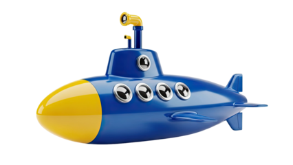 Blue and yellow toy submarine with windows and periscope on transparent background