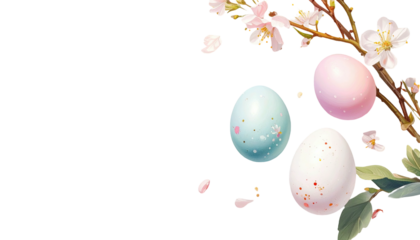 Easter eggs with blossoming branches against a dark background