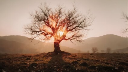 Silhouette of a Bare Tree Against a Misty Mountain Landscape at Sunset.