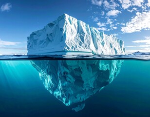 Large iceberg floats above and below pristine water surface