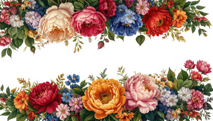 Floral border design with various colorful blossoms and foliage
