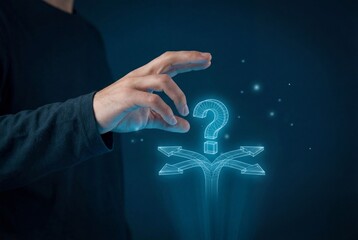 Hand hovering over question mark and arrows symbolizing business decision and strategic choice
