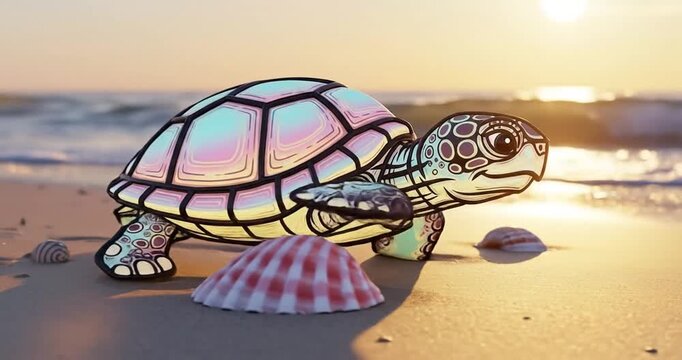 Colorful turtle walking on a beach at sunset with seashells scattered in the sand