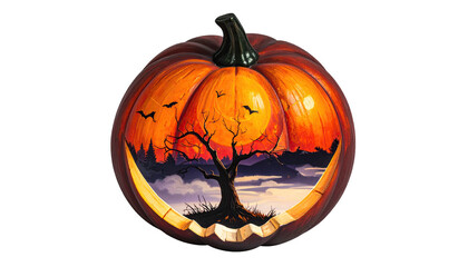 Carved pumpkin with a landscape scene. Spooky, autumnal, and festive