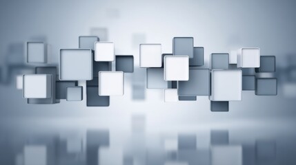 Abstract 3D geometric shapes in gray and white floating over a reflective surface creating a modern and sleek visual composition for contemporary design needs