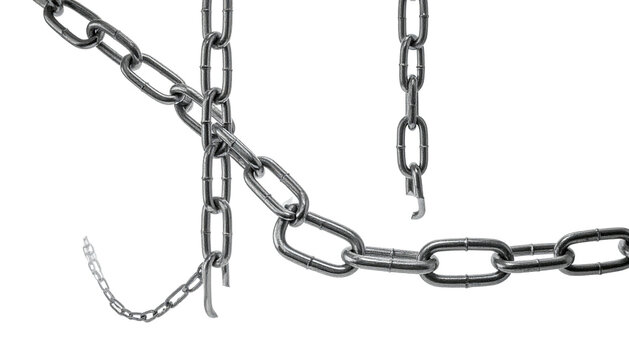 Close-up of metallic chains, one broken, against a black backdrop