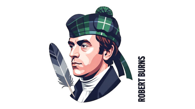 Portrait illustration of scottish poet figure in tartan cap with feather quill for burns night culture heritage festival celebration artwork concept design