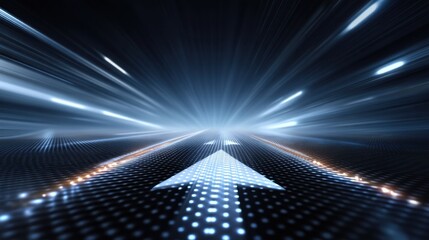 Abstract design featuring dynamic light trails and bright arrow shape pointing forward, symbolizing speed, direction, innovation, and progress
