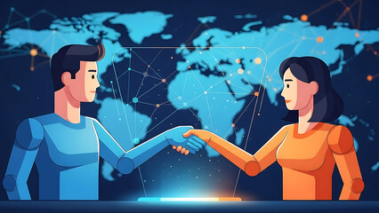 global business network handshake connecting diverse partners across a secure digital interface on a world map for international collaboration concepts