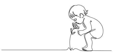 Child smelling flower in continuous line art drawing style. Small girl squatted down to sniff the fragrant flower, Continuous single line art of a girl smelling a flower, simple illustration vector.