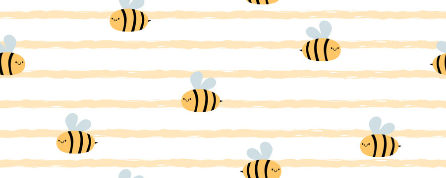 Nautical kids background with striped print. Abstract yellow waves and cute honey bee for kids room. Vector illustration.