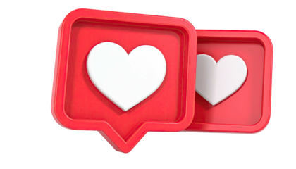 Two 3D red speech bubbles with white hearts, slightly overlapping