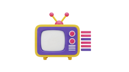 Retro 3D cartoon TV with antennae and colorful buttons on transparent background