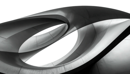 Abstract, metallic, looping architectural sculpture against a black void