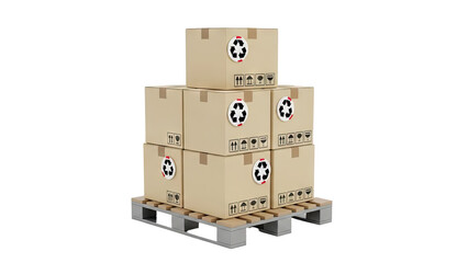Cardboard Boxes Stacked on a Pallet with Recycling Symbol on transparent background