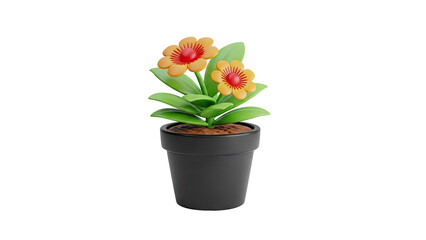 Cartoon potted plant with two yellow and red flowers on transparent background