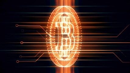 Seamless looping animation of Bitcoin symbols and glowing digital coins on a dark tech background, ideal for cryptocurrency, blockchain, fintech, and financial technology visua