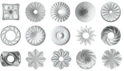 White, circular, and geometric ceiling and wall embellishments in rows