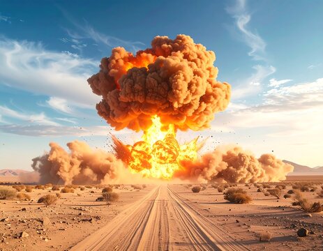 Large explosion over a desert road under a bright blue sky