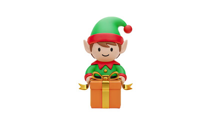 Cute Elf Holding a Gift Box on transparent background