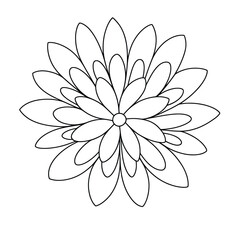 Black and white line drawing of a layered floral mandala flower