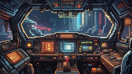 Futuristic spaceship control room with advanced technology and neon lights. - Powered by Adobe