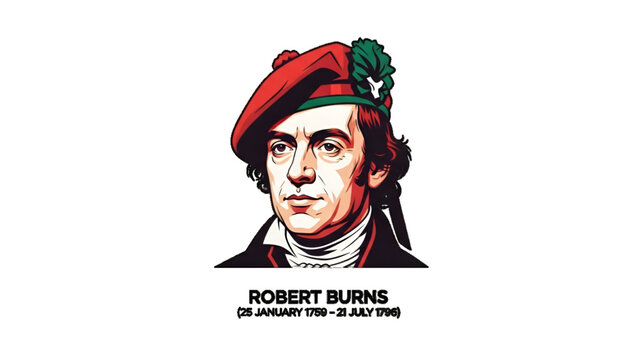 Portrait illustration of scottish poet figure wearing red beret with green feather for burns night culture heritage festival celebration classic artwork concept design