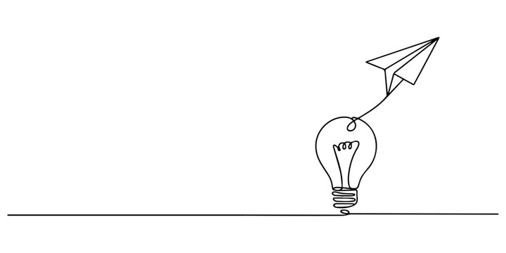 Paper plane flying up connected with light bulb in one continuous line drawing. Airplane in outline style, Creative Idea Web Banner with Continuous Line Icon, Startup business idea concept. minimalist