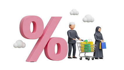 Muslim couple shopping with percentage symbol and shopping cart on transparent background