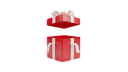 Open red gift box with white ribbon bow on transparent background