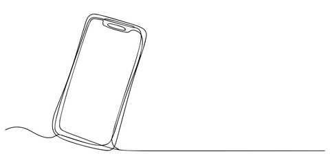 Mobile phone in one line art style. Drawing of a smartphone with an editable black stroke on a white background. Vector illustration, Minimalist vector illustration of a smartphone with wifi and sign.