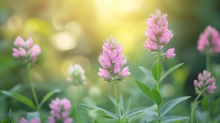 Fototapeta premium Pink flowers in a field bathed in sunlight. Possible use Nature, Spring, Botanical, Background